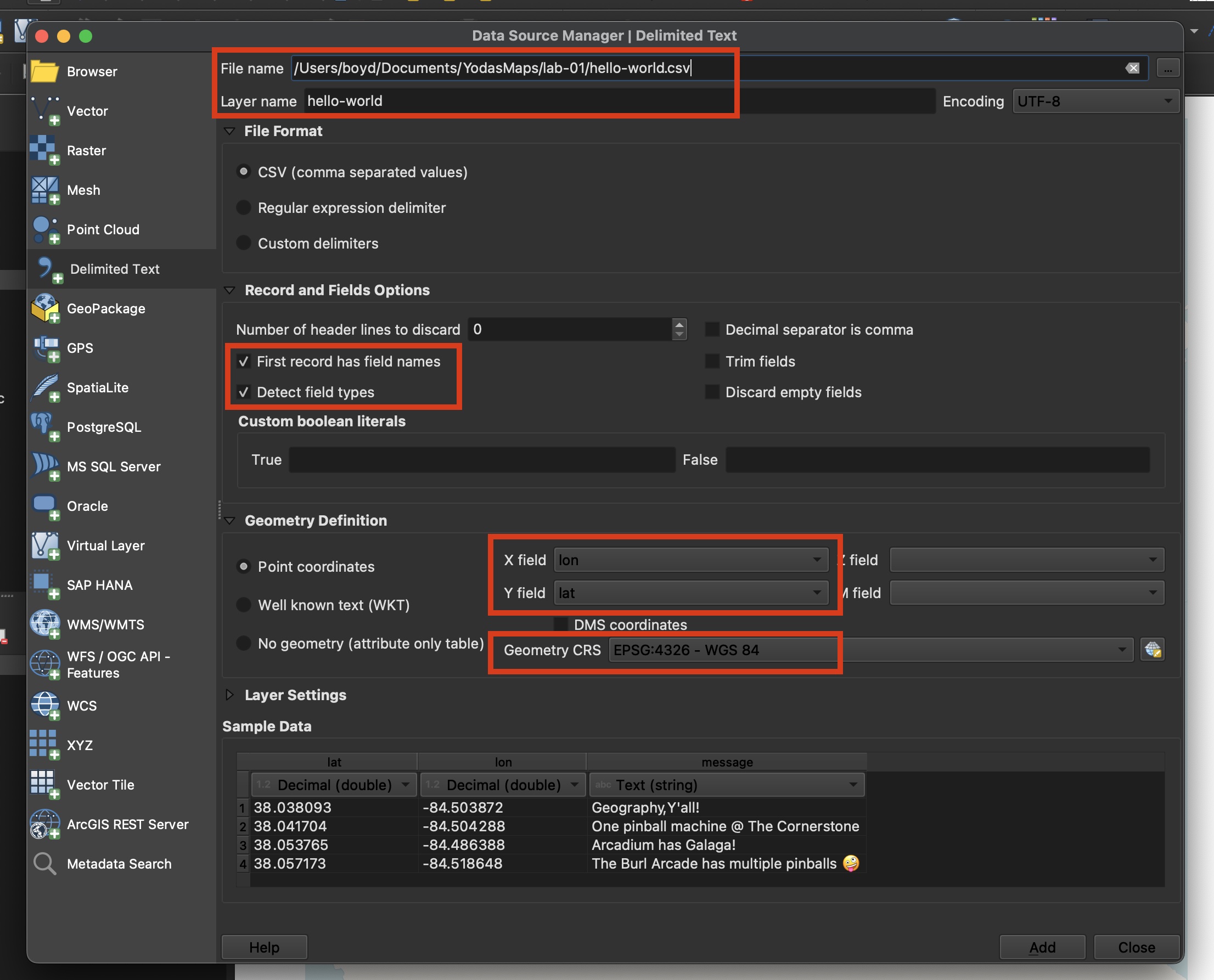 Adding a CSV point layer