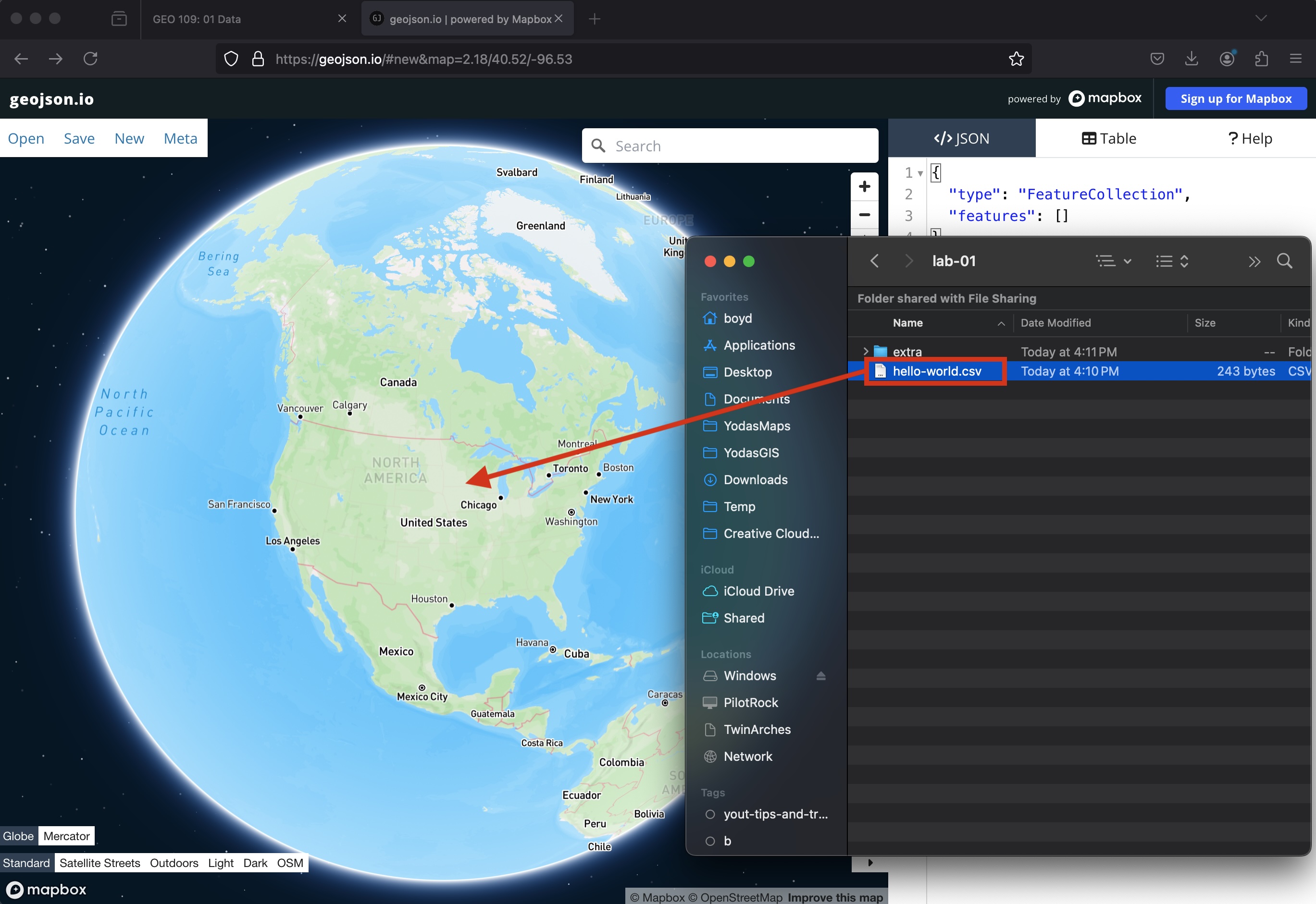 Drag and drop the CSV file into the GeoJSON.io window