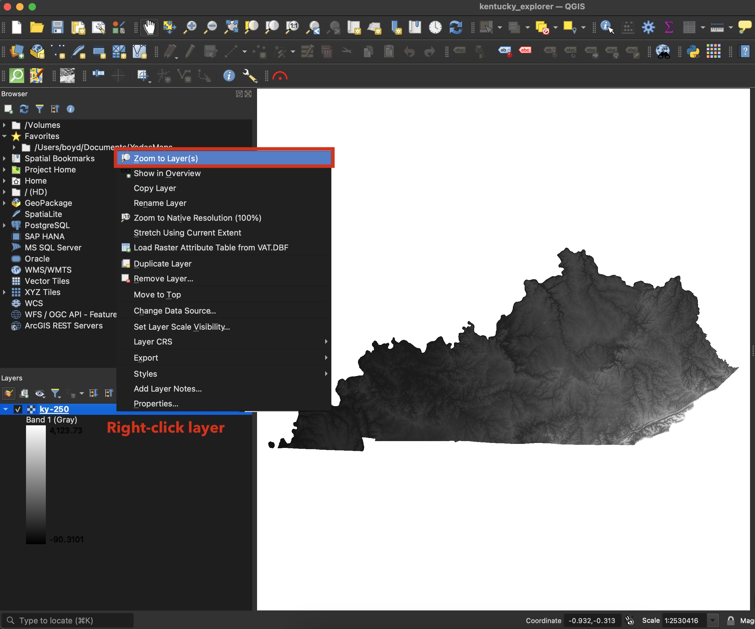 Open QGIS and zoom to elevation layer