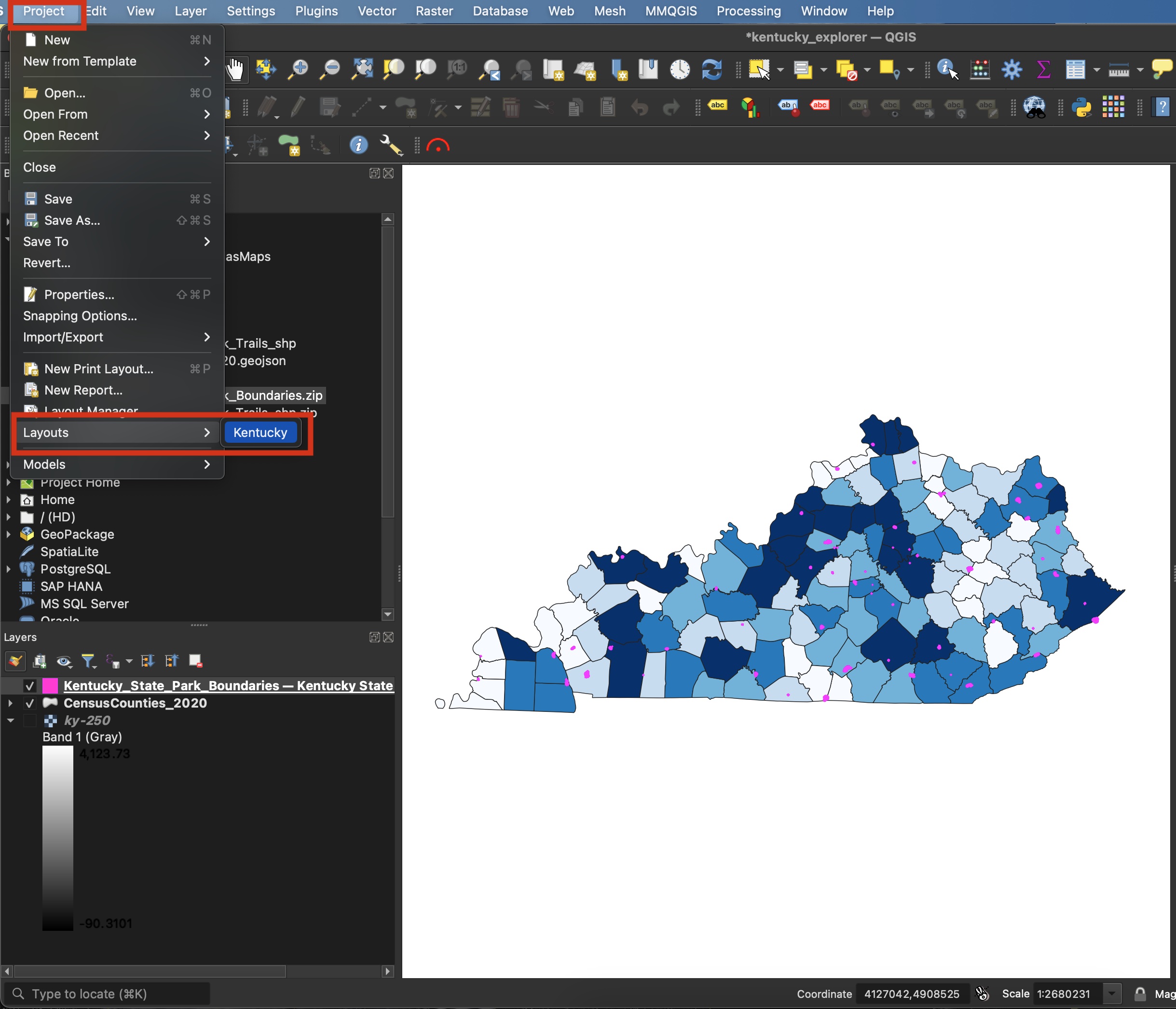 Open the QGIS Layout panel for exporting a layout