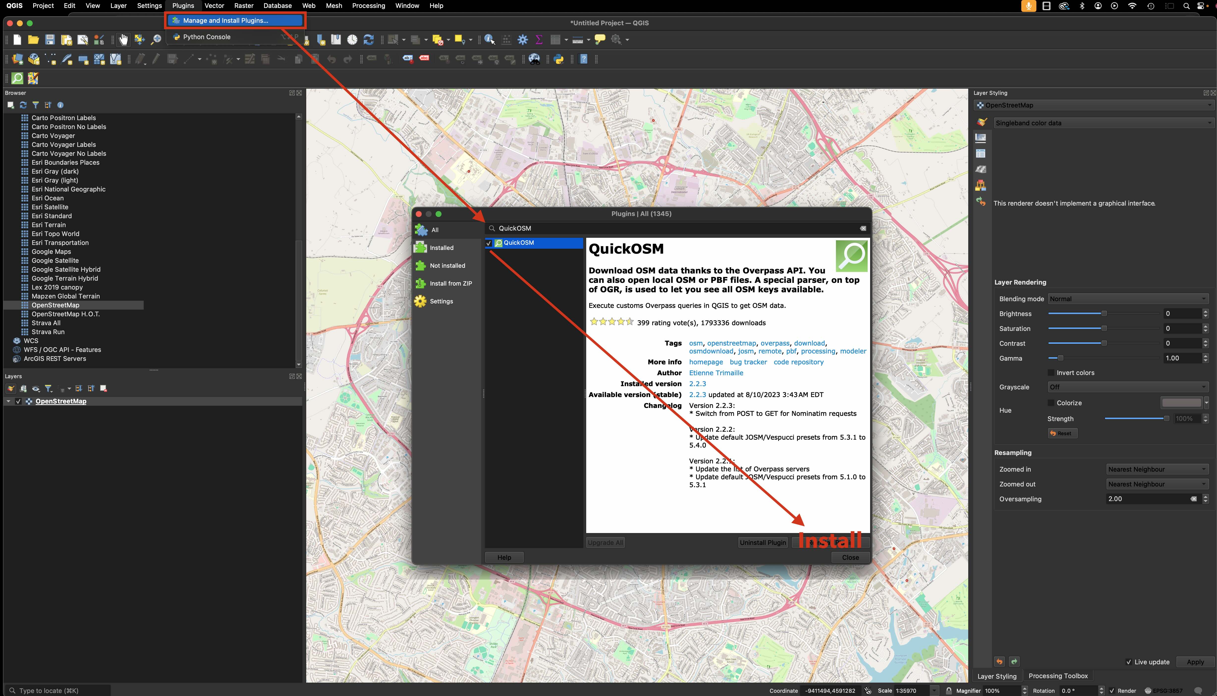 Adding the OpenStreetMap base map and installing QuickOSM plugin