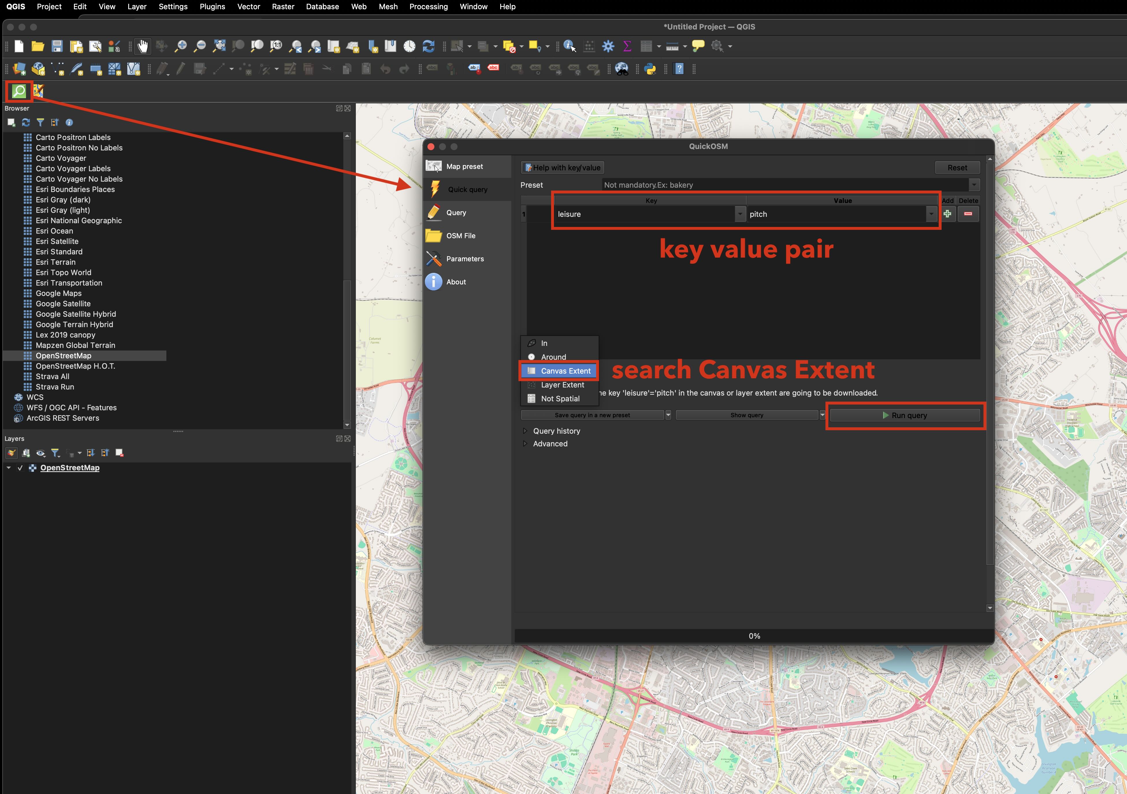 Searching and downloading data using the QuickOSM plugin