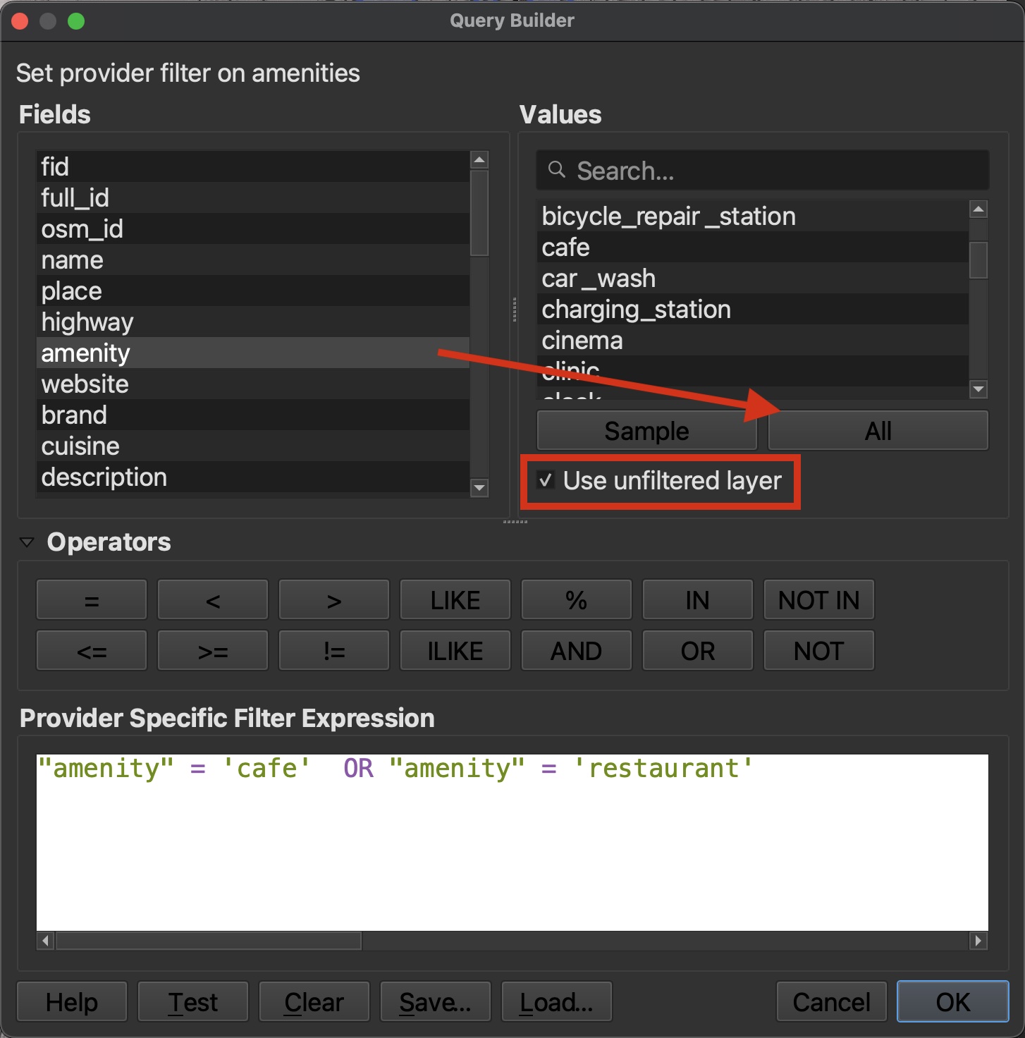 Query Builder window to filter points