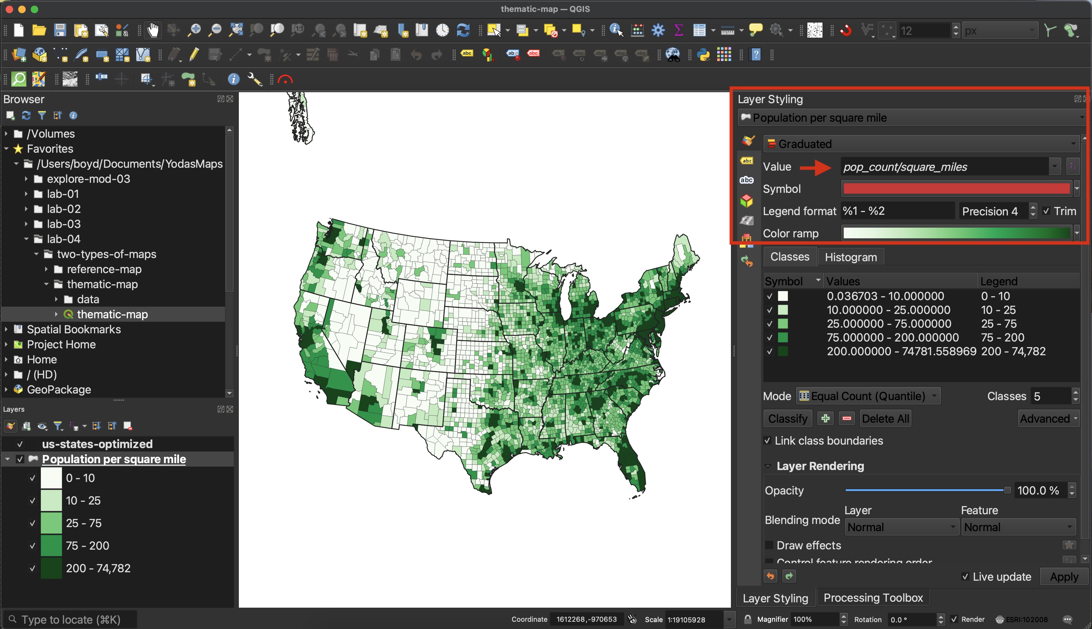 Thematic map showing population density by county