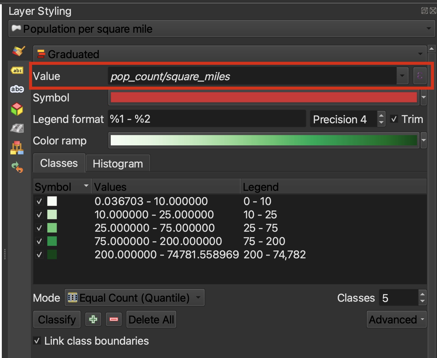 Using a math expression in the Value field to calculate people per square mile