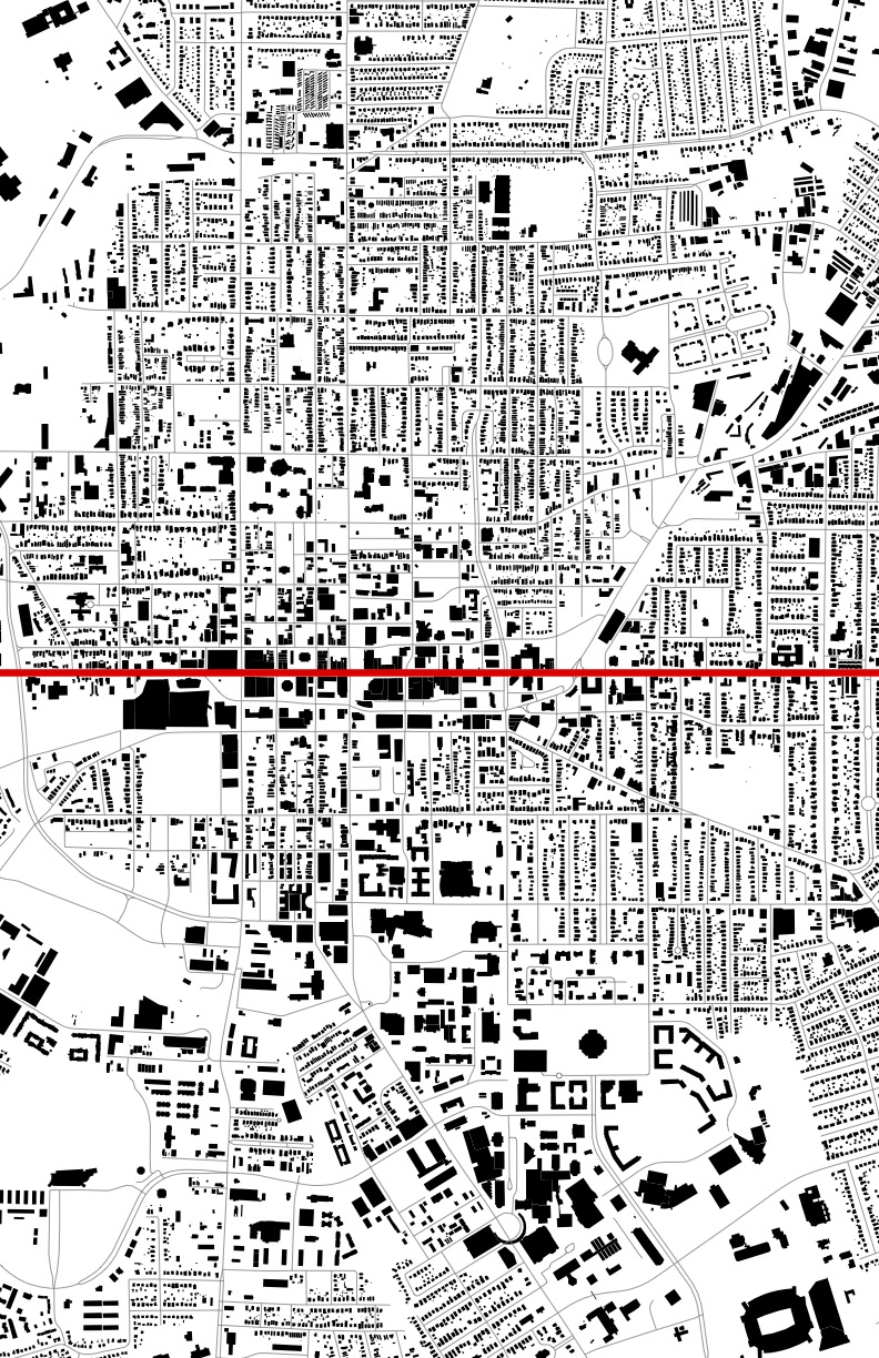 Lexington building footprints with Main Street highlighted