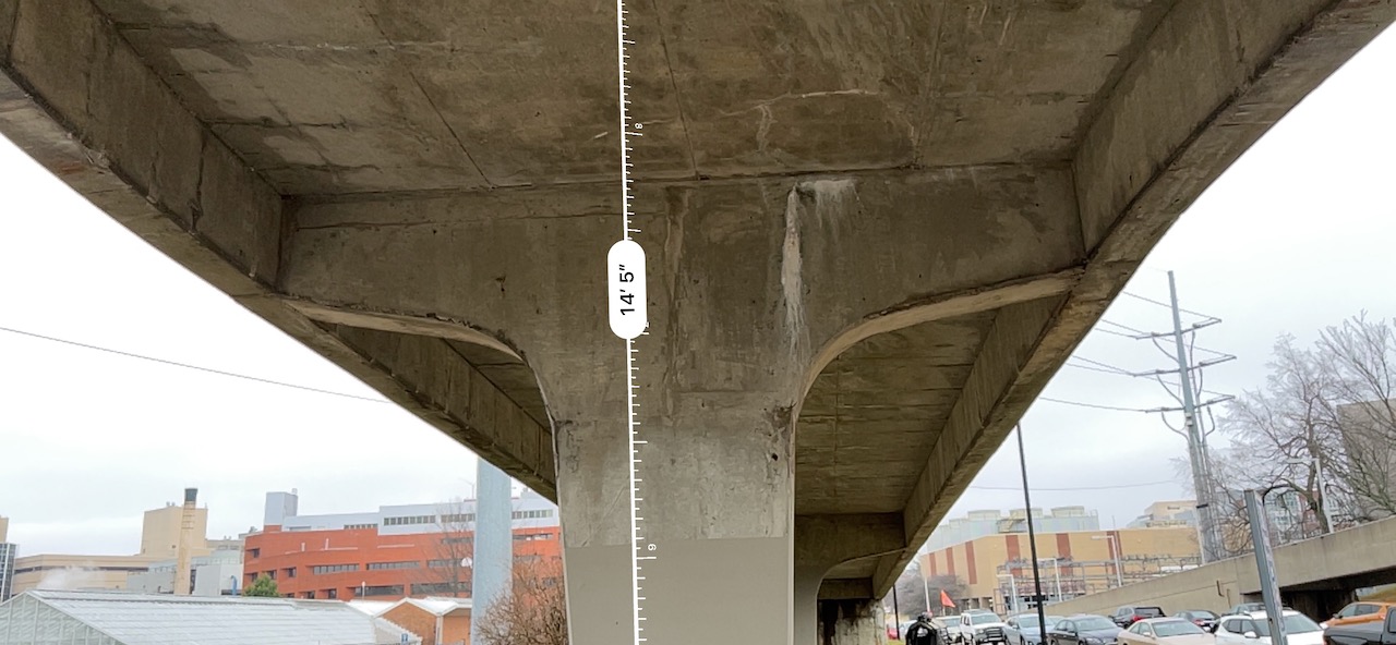 Figure 22: iPhone 13 Measure app showing height of bridge from ground to bottom of deck